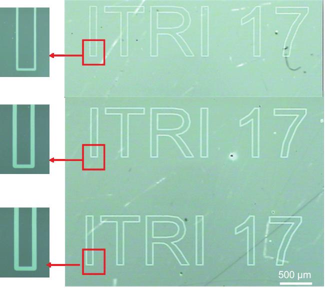 The ITRI 17 characters were synchronically scanned on a-ito thin film surface using the DOE, a laser power of 0.33 W, a pulse repetition rate of khz and a scanning speed of 2.5 mm/s.
