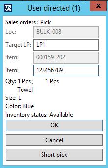 Figure 16: Mobile device emulator, showing the pick operation for a Sales order with product confirmation. The item field has the correct bar code entered for verification.