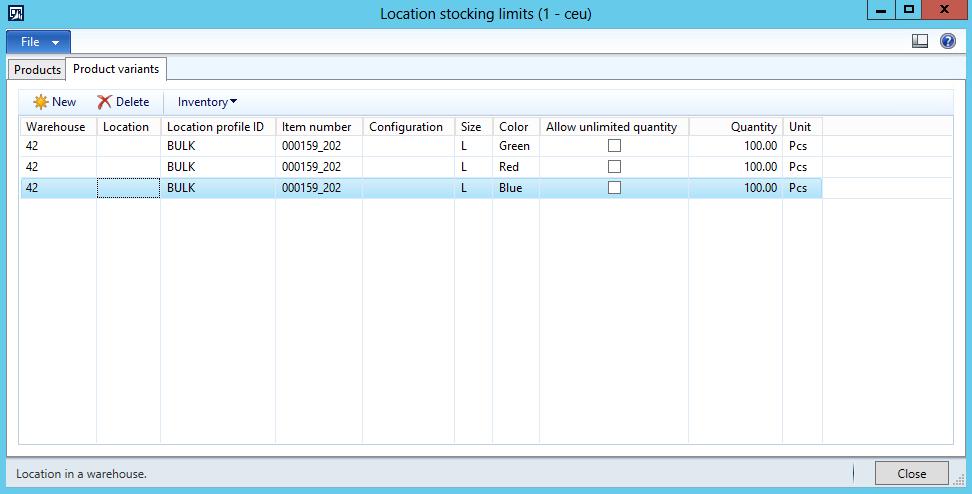 Figure 20: Location stocking limits form, showing the Product variants tab.