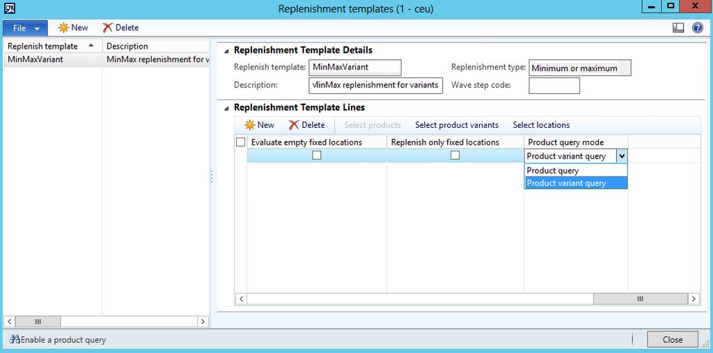 Figure 21: Replenishment templates form, showing the Product query mode listbox options. - Replenishment type: This provides the following options: min/max, wave demand, or load demand.