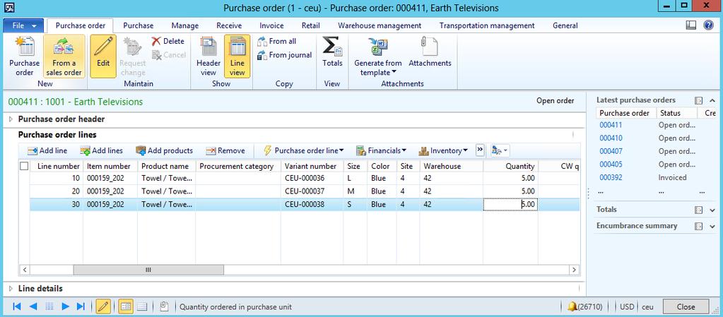 Once bar codes have been configured for variants, they can be used within advanced warehousing scenarios, such as receiving Purchase Orders and Transfer Orders via the mobile device.