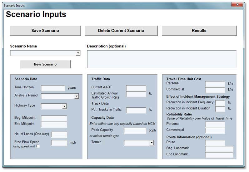 1.1.3.1 Using the Scenario Inputs window Clicking Resume a Previous Session on the 2 INPUTS tab will bring up the Scenario Inputs window, shown below.