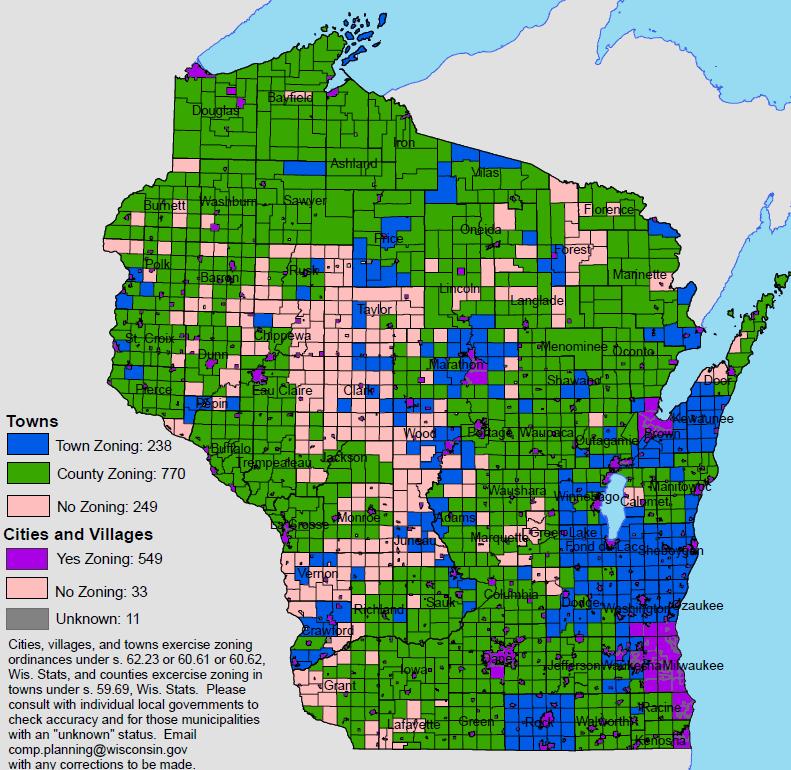 Zoning Status Counties Required to administer shoreland/wetland zoning May adopt general zoning in unincorporated areas Towns May adopt general zoning if no county zoning or after adoption of village