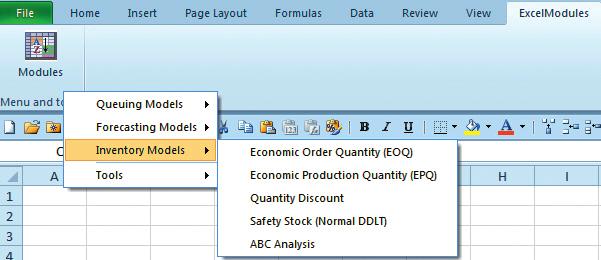 12-8 chapter 12 Inventory Control Models Screenshot 12-1A Inventory Models Menu in ExcelModules Click the Modules icon to access the main menu in ExcelModules.