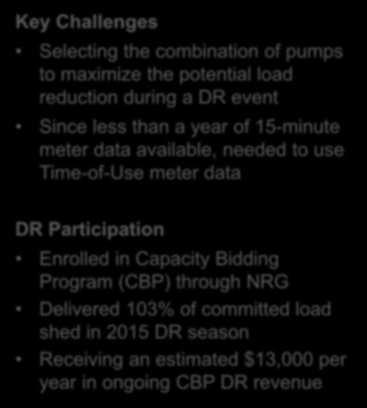 ADR: Project Example cont d Key Challenges Selecting the combination of pumps to maximize the potential load reduction during a DR event Since less than a year of 15-minute meter data available,