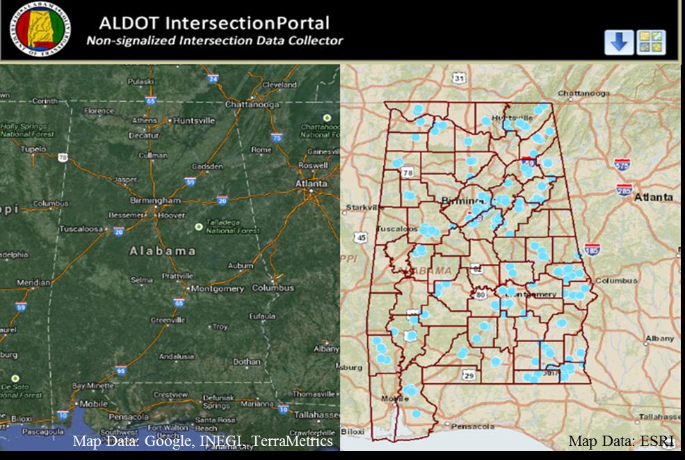 Simandl, Graettinger, Smith, Barnett FIGURE ALDOT Intersection Data Inventory Web Portal Data Collection Tool: a dual view GIS tool with a download to shapefile button (upper right downward pointing