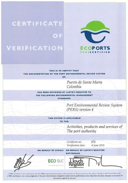 ECOPORTS PERS CERTIFICATE STATEMENT BY A EUROPEAN ECOPORTS CERTIFIED PORT ON BENEFITS OF ECOPORTS: Stakeholder