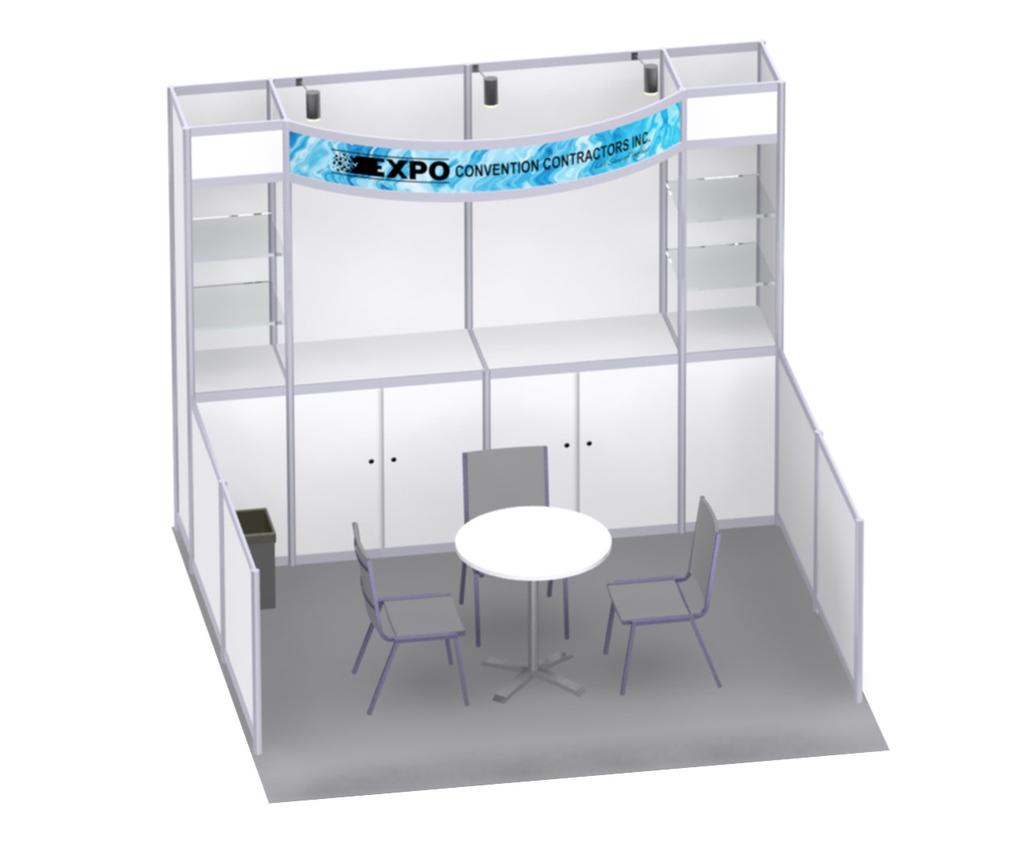 Delivery, Installation & 25 Turnkey Rental Booth 103 10 x 10 Includes: Grey Carpet 2 - Built-in Cabinets with doors for storage 4 - Clear Shelves Lit from above 1 -