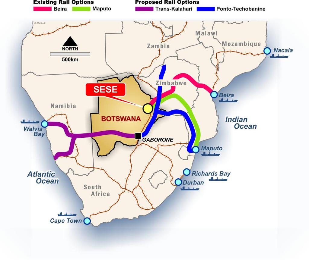 Coal chain logistics Stage 1 and 2: existing infrastructure Existing freight line 30km east of Sese Potential for 2-3Mtpa export via 13t axle loading cost and reliability to be evaluated Trial export