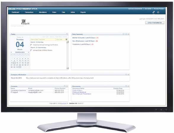 Protegent PTA provides a centralized location to streamline all aspects of employee facing compliance for financial services organizations Personalized Dashboard Customers can configure the Protegent