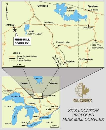 TTM - Location Located in Deloro Township, 11 km south of the city of Timmins, a major mining community in N.E.