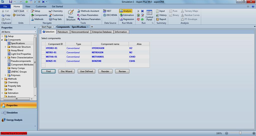 Figure 2.2: Component Selection By knowing all the required data, process inputs we simulate the flow sheet.