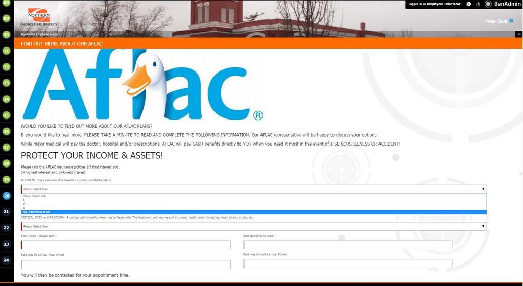 STEP 20 AFLAC Enrollment Complete the required fields by selecting the pull-down tab and