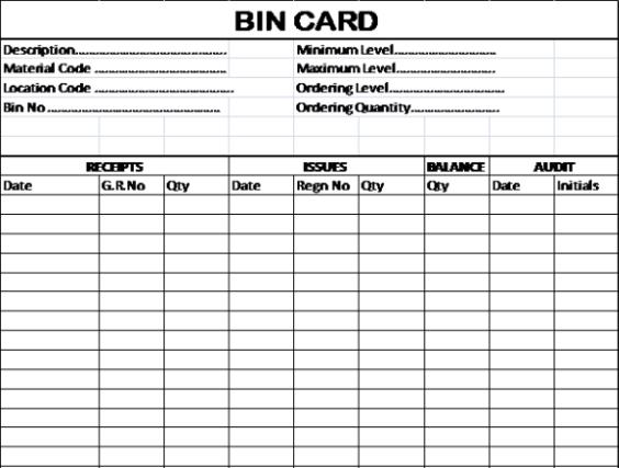 Bin Card A bin card shows the level of inventory of an item at a particular stores location.