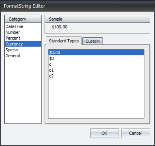 A pop up will appear providing you additional formatting abilities on the field. Click the beside Format String. The following dialog box will appear allowing you to modify the format of the field (e.