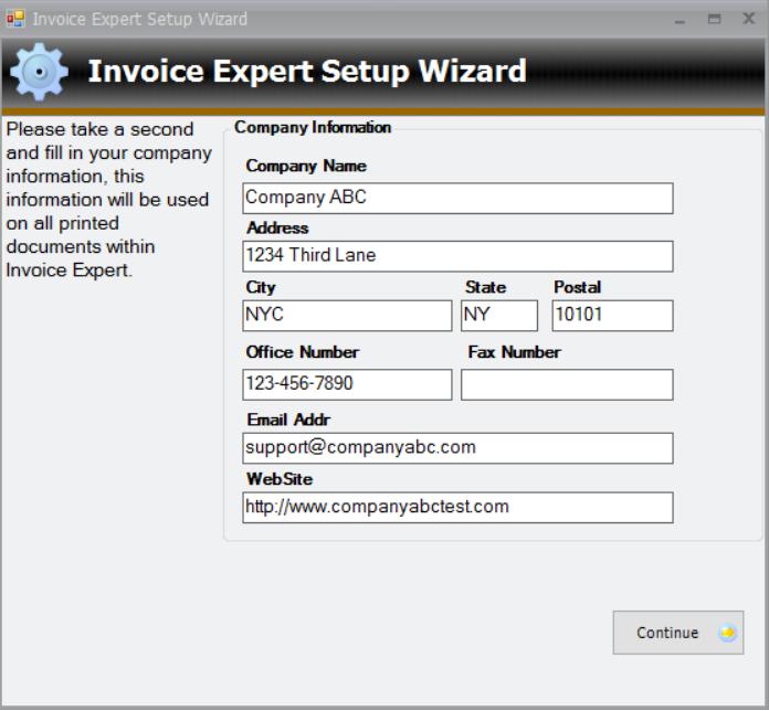 2.0 Getting Started 2.1 Initial Setup Company Information f Upon downloading and installing Invoice Expert, you will be prompted with a Setup Wizard screen to populate your company information.