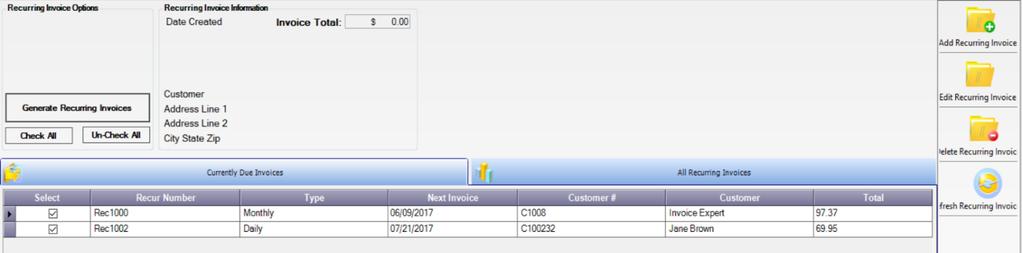 10.0 Recurring Invoices 2 The recurring invoices screen will allow you to create recurring (I.e: repeating) invoices for a set time. This section will display the details regarding the invoice (i.