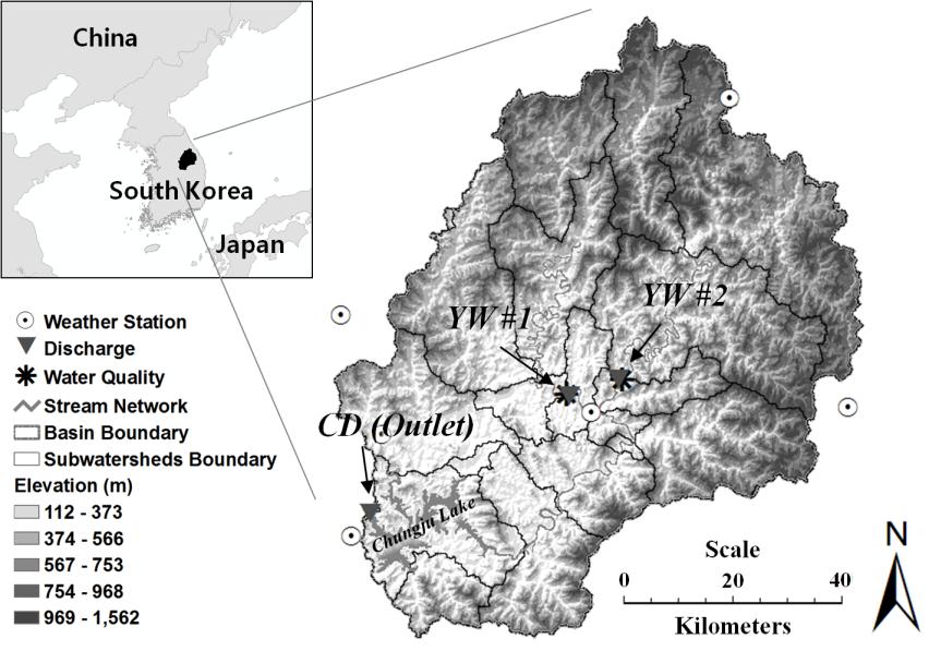 Figure 1. Locations of the Chungju dam watershed and the weather stations, streamflow, and water quality stations. and YW #2) of the Korean Ministry of Environment.