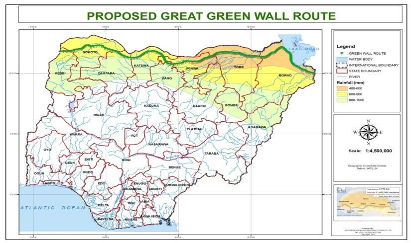 Nigerian Great Green Wall Programme (GGW) Implementation of GGW Commenced in 2013 The programme involves among others, Establishment of Greenwall or shelterbelt from Kebbi State in Northwest to Borno