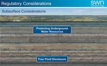 monitoring producing-well performance and function. The subsurface considerations, which involve protecting underground water resources and disclosure of the type of frac fluid used.