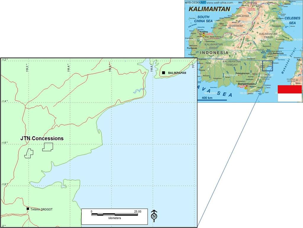 PROJECT DETAILS: Jasa Tambang Nusantara ( JTN ), East Kalimantan: In Production The JTN concession is located in eastern Kalimantan, approximately 75km SW of Balikpapan.
