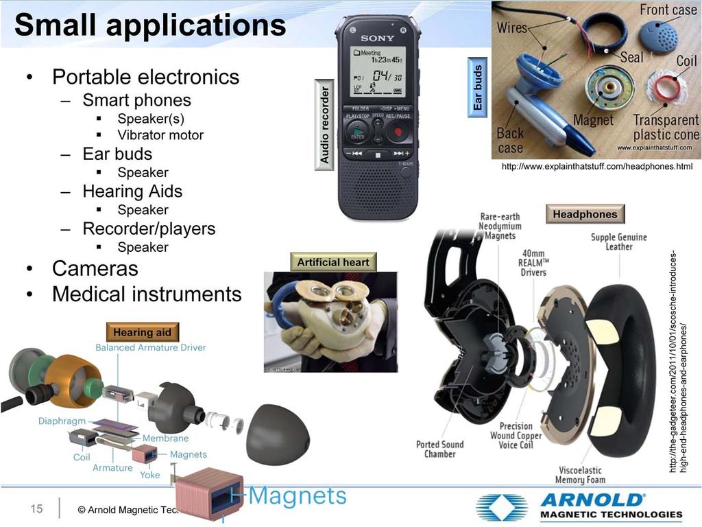 Some of the more conventional commercial small-magnet applications are shown here. For example, the ear bud magnet is approximately 0.2 gram per ear bud.