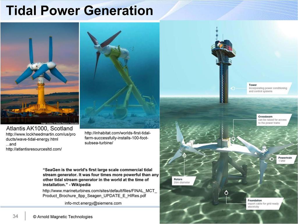 Numerous companies are developing, testing and installing power generating facilities that depend on tidal current or wave motion.