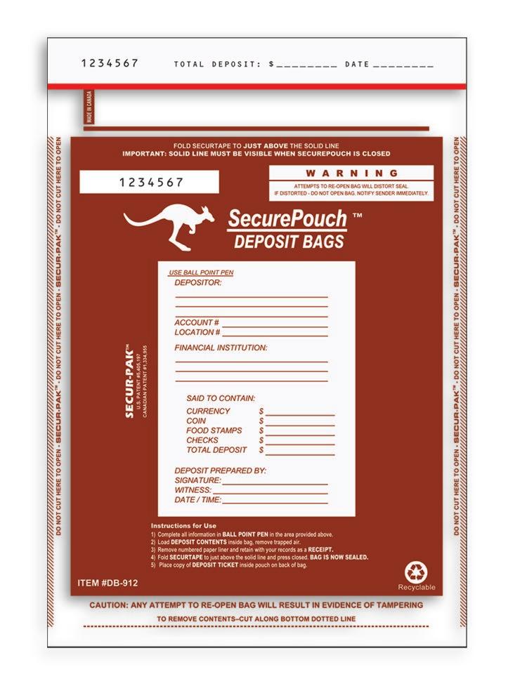Instructions on how to use the SecurePouch TM deposit bag are provided on each bag. DB-1519 Size: 15" x 19" Packaging: Strapped in 50 s with 500 per carton Film Weight: 3.25 mil.