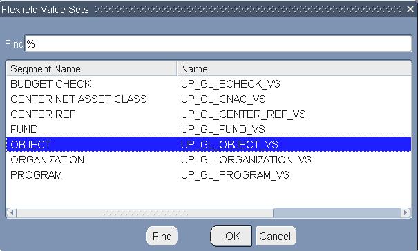 new query, click [OK] to close Flexfield Segment Values window From the Value Set block, Click on Query>Find or Flashlight to open the Find Value window In the Find Value Set window,
