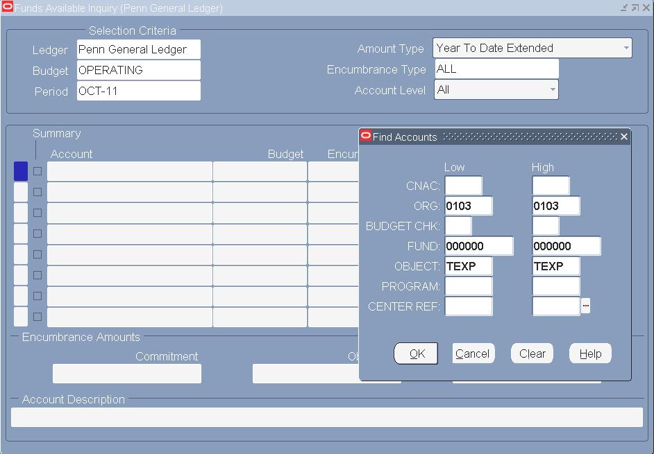Salary/EB Encumbrance Account Level All Can choose from Detail or Summary Click into the Account field Enter the Summary Template (BC 1) for a single ORG/FUND/TEXP combination or a range of ORG/FUNDS