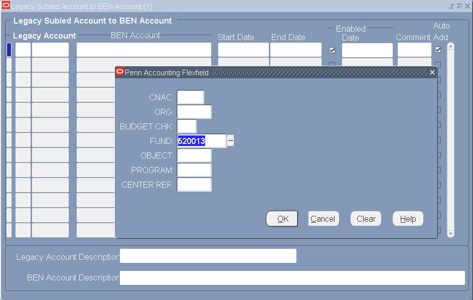 Account Mapping (continued) BEN to Legacy Click on View>Query by Example>Enter or F11 to convert the window to query mode Enter search criteria for the desired segments of the BEN account The Penn