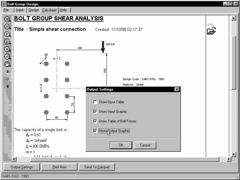 Calcsheet The connection design output can be grouped on a calcsheet for printing or sending to Calcpad. Various settings can be made to include input data, tabular design summaries etc.