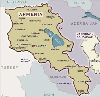 Geography and Climate The Republic of Armenia is a landlocked mountainous country bordered on the north by the Republic of Georgia, on the east and southwest by Azerbaijan, on the south by Iran and