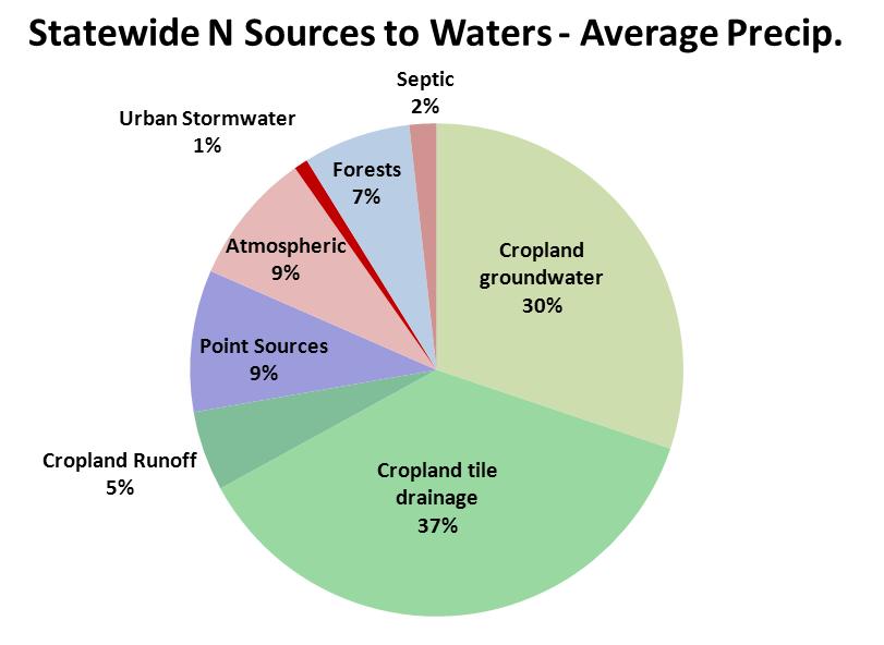 Figure 2. Estimated statewide N contributions to surface waters during an average precipitation year (rounded to the nearest percent). Annual precipitation has a pronounced effect on N loads.