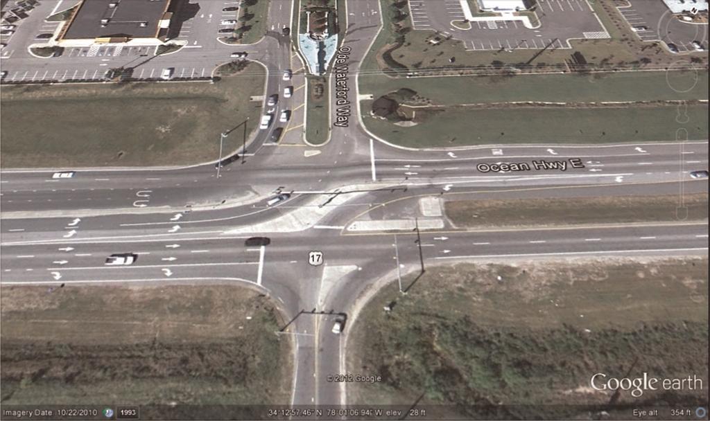 13.2 Restricted-Crossing U-Turn (RCUT) Intersections Figure 13.2 RCUT intersection near Wilmington, NC (10). 13.3 Displaced Left Turn (DLT) Intersections Figure 13.