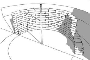 The curving top is built of ferrocement tied to a thick interior cement plaster reinforced with mesh.