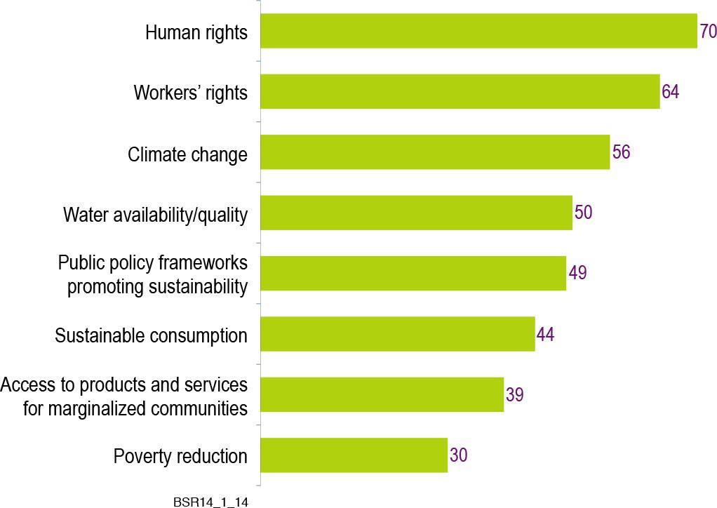 Practitioners identify human rights, workers rights and climate change as top sustainability priorities for their companies over the next year Corporate Sustainability Priorities over the Next 12