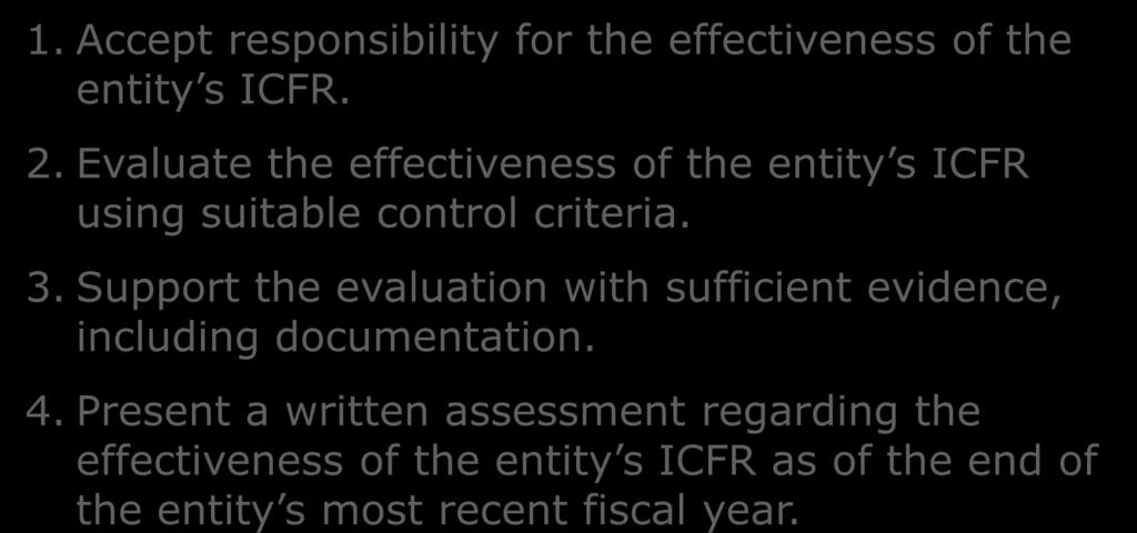 Management Responsibilities under Section 404 Management must comply with the following requirements in order for the external auditor to complete an audit of ICFR. 1.