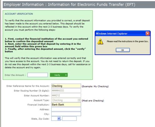 Select OK only if you authorize the account to be used for EFT for both credit and debit transactions. 6.