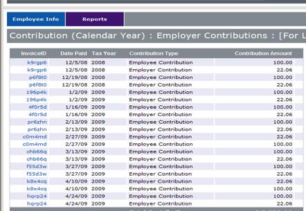 Calendar reports include employee ID, name, and total contributions for the period selected. Run either report based on different years and date ranges.