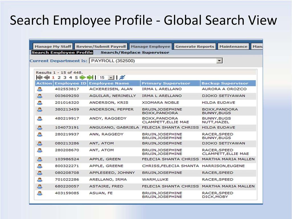 Search Employee Profile Global Search A global search (displays all employees in the department) can be performed by leaving the search fields