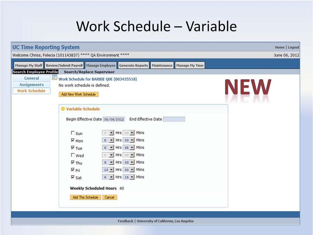 Work Schedule Variable Schedule If the employee works various days and hours in a pay period, select the Variable Schedule option. Variable Schedule: 1.