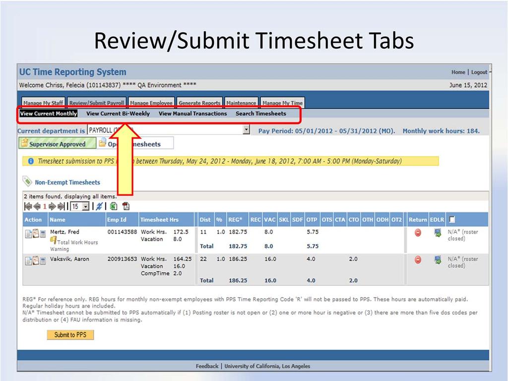 Review/Submit Timesheet Tabs The DTA can review and submit timesheets to PPS by selecting the Review/Submit Payroll Tab.