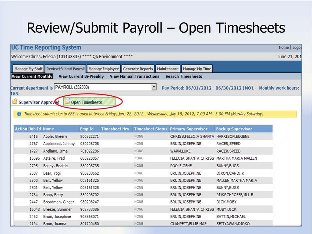 Open Timesheets The Open Timesheets sub tab displays a list of active employees for that pay period.
