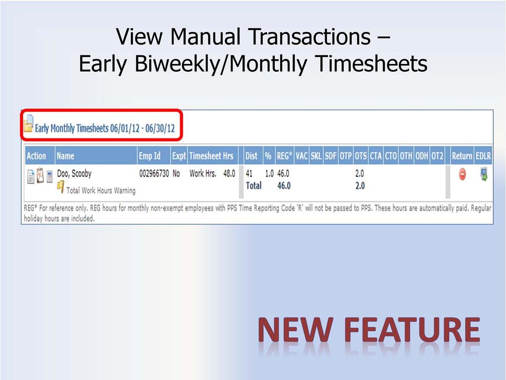 VMT Early Biweekly/Monthly Timesheets TRS can now process early submitted timesheets from the employee and the supervisor.