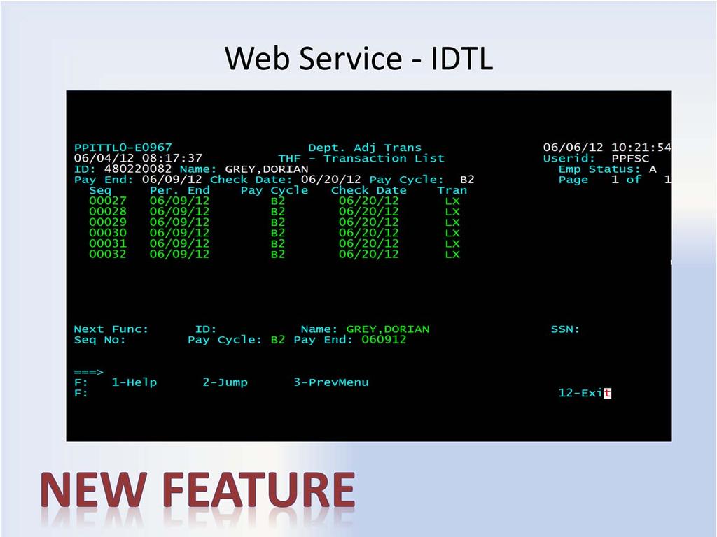 Web Service IDTL All timesheet data submitted to PPS via TRS can be viewed immediately in the Transaction Holding File, IDTL screen.