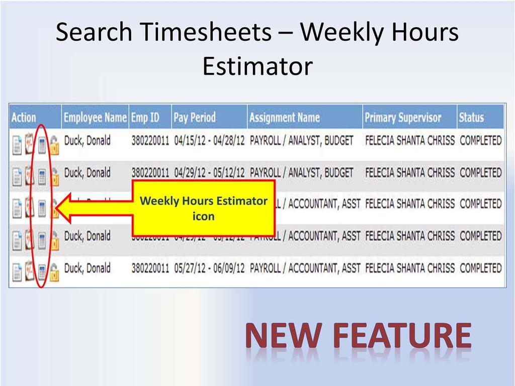 Search Timesheets Weekly Hours Estimator To assist DTAs with the hours TRS has computed and will report to PPS a Weekly Hours Estimator feature has been added.