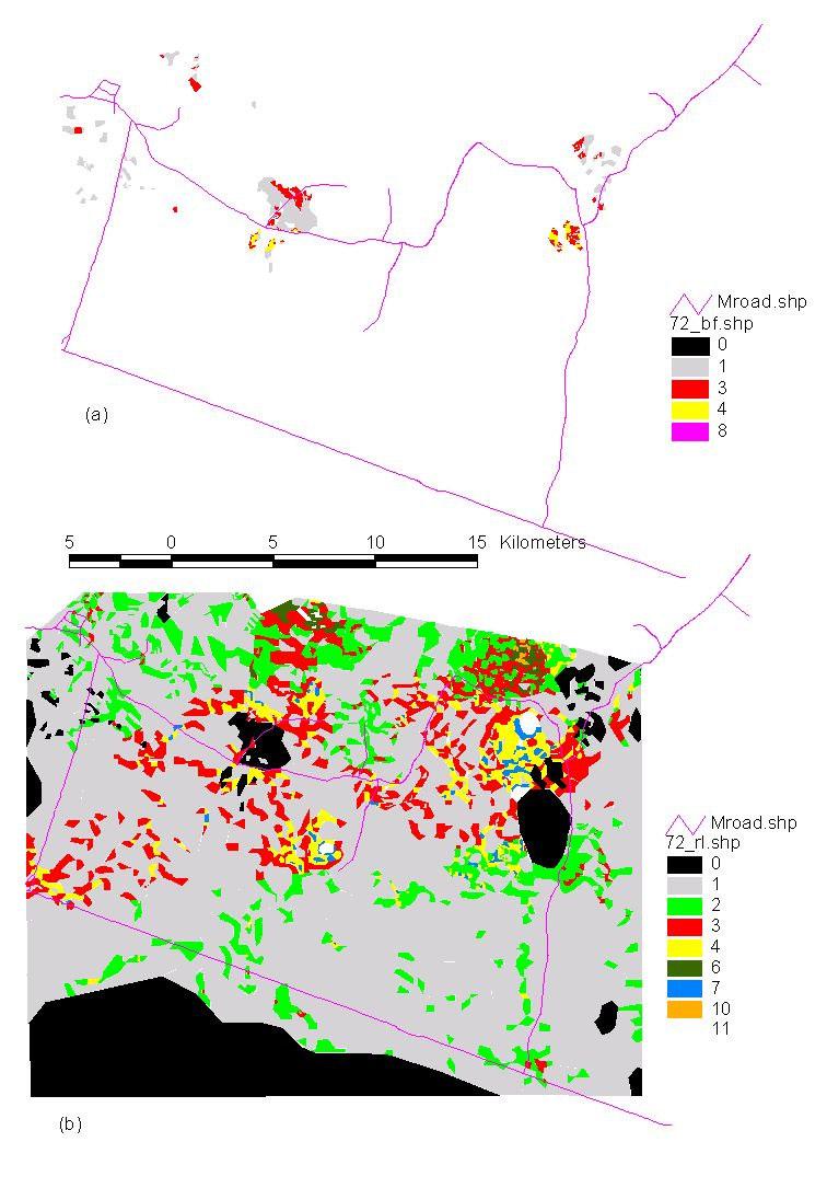 (a) (b) Figure 2: (a) Predicted soil losses from rain-fed fields for 1972. Black areas are masked out areas of basalt, built-up areas and rangeland areas.