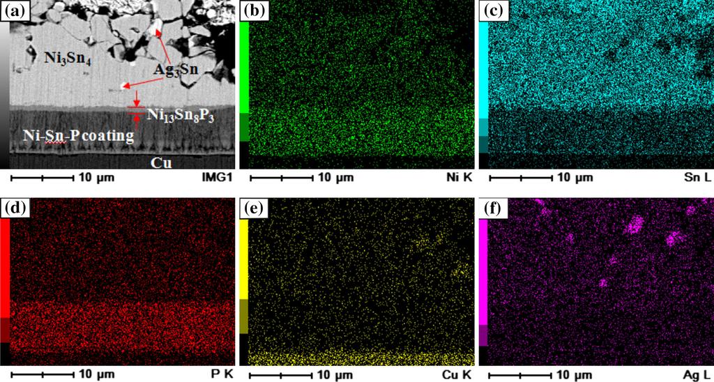 Interface Reaction Between Electroless Ni Sn P Metallization and Lead-Free Sn 3.5Ag Solder with Suppressed Ni 3 P Formation 4109 Fig. 7. EDX element mapping analysis of the Ni Sn P/Sn 3.