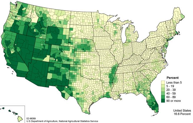 Irrigated Harvested Cropland (% of total acres harvested) State Rank (2002) Irrigated Acres (millions) CA 1 8.7 TX 3 5.